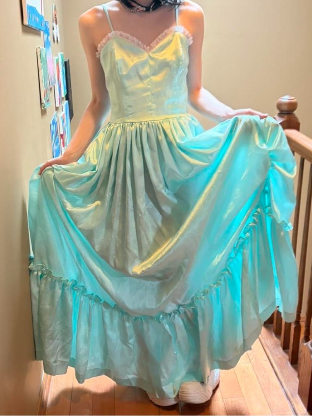 Vintage Handmade Satin Maxi Dress with Lace Trim